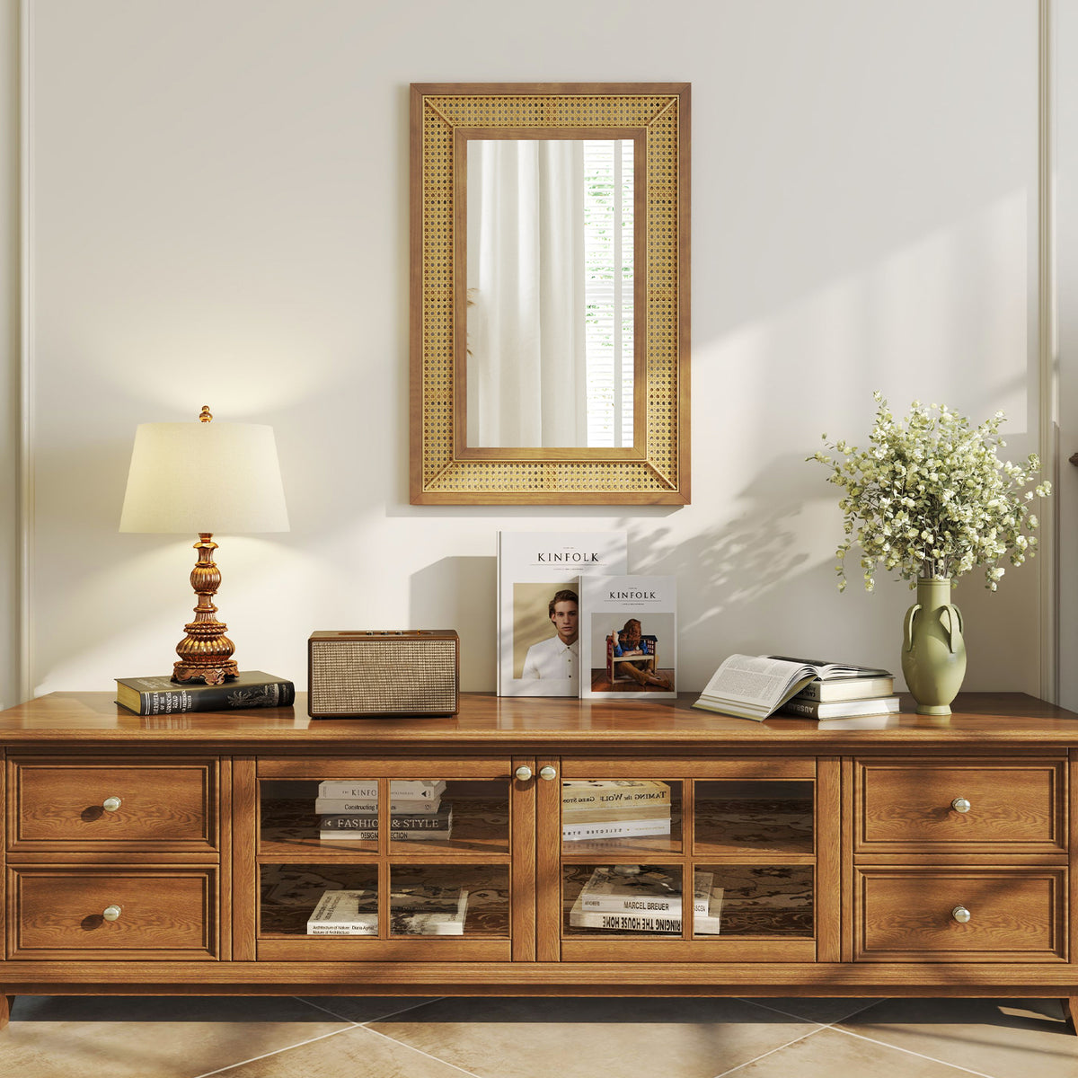Rattan Wall Mirror Bohemian Rectangular Decorative Mirror with Wooden Frame-Natural