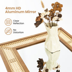 Rattan Wall Mirror Bohemian Rectangular Decorative Mirror with Wooden Frame-Natural