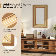 Rattan Wall Mirror Bohemian Rectangular Decorative Mirror with Wooden Frame-Natural