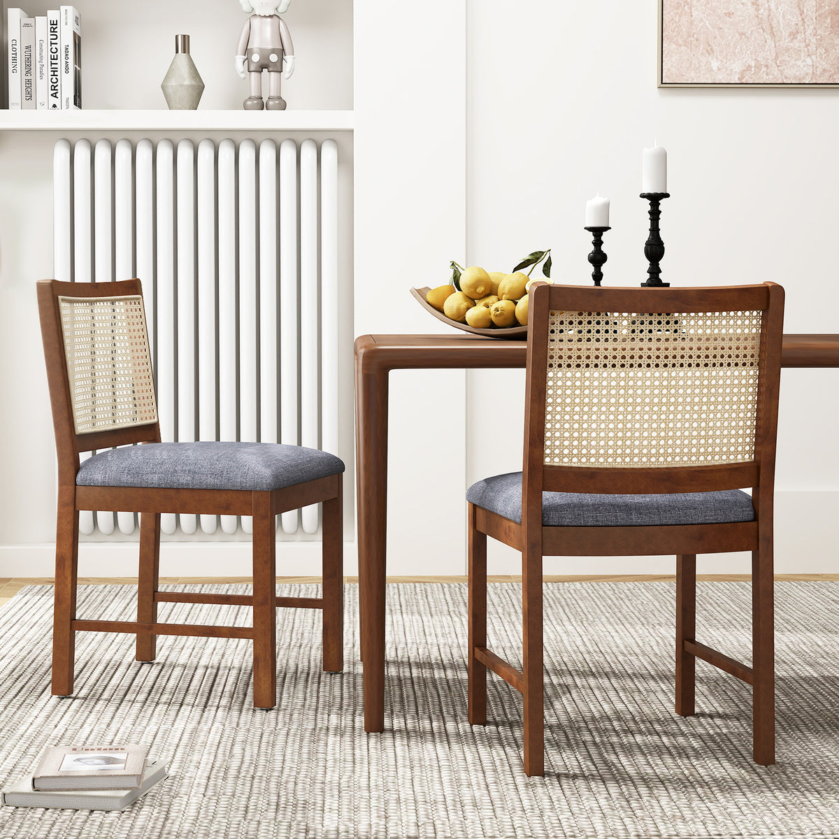 Rattan Dining Chair Set of 2 with Rubber Wood Frame and Linen Fabric Padded-Walnut