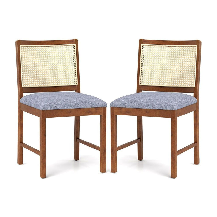Rattan Dining Chair Set of 2 with Rubber Wood Frame and Linen Fabric Padded-Walnut