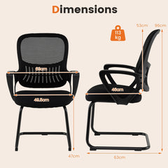 The office chairs showing front and side profiles with technical dimensions