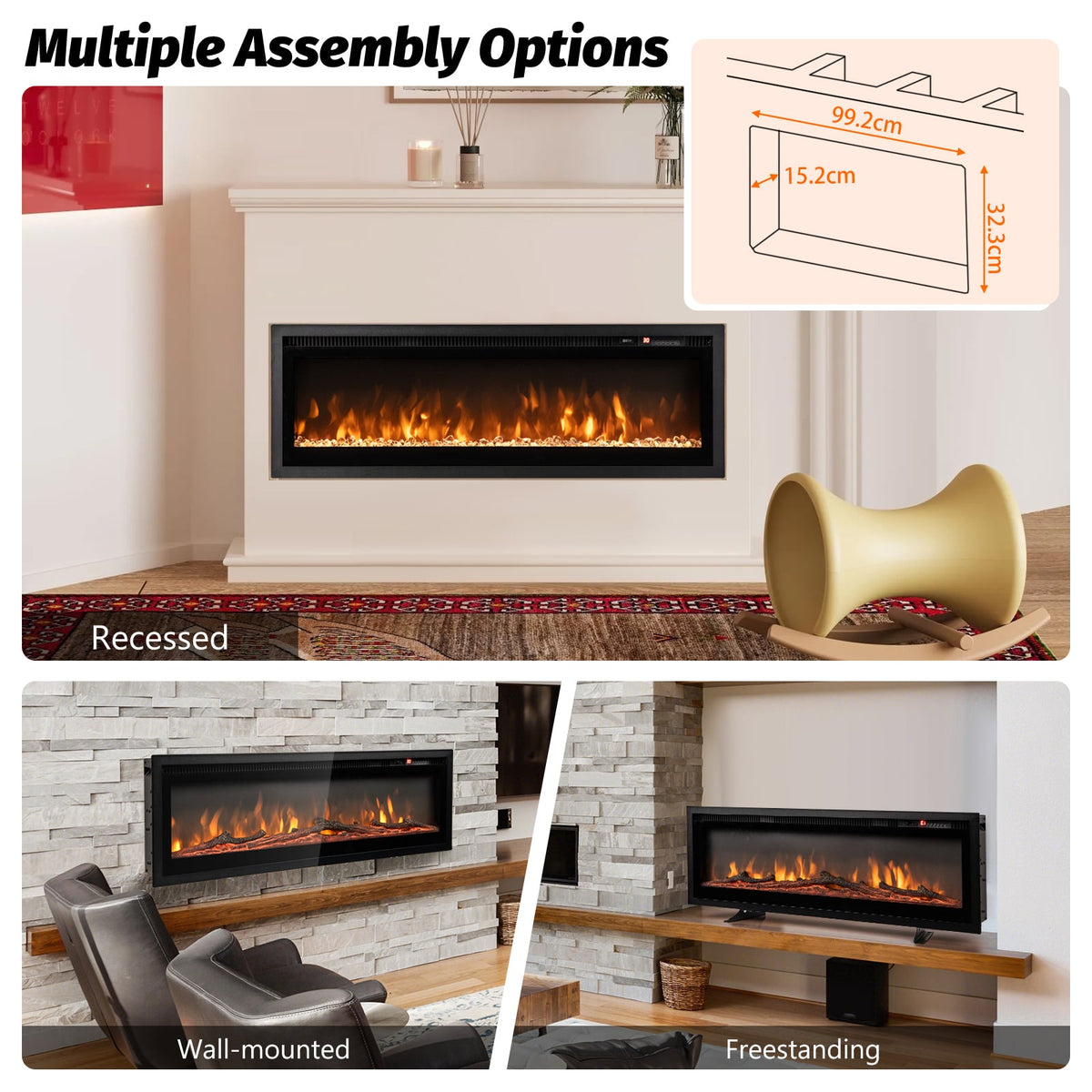 102/127 cm Wall Mounted Recessed Freestanding Electric Fireplace, image 6