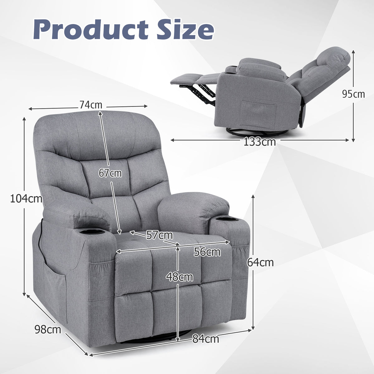 Recliner Chair with Massage and Heat Nursery Rocking Chair with 360° Swivel Function-Grey