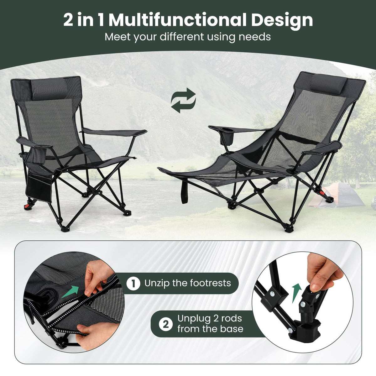 Reclining Camping Chair with Removable Footrest for Hiking Fishing-Grey