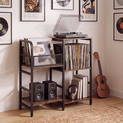 Record Player Stand Holds Up to 180-200 Albums with Vinyl Record Storage-Rustic Brown