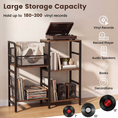 Record Player Stand Holds Up to 180-200 Albums with Vinyl Record Storage-Rustic Brown