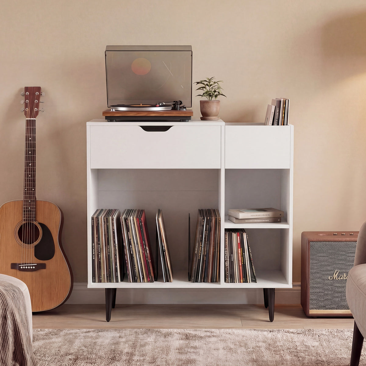 Record Player Stand with Built-In Power Strip and 3 Dividers-White