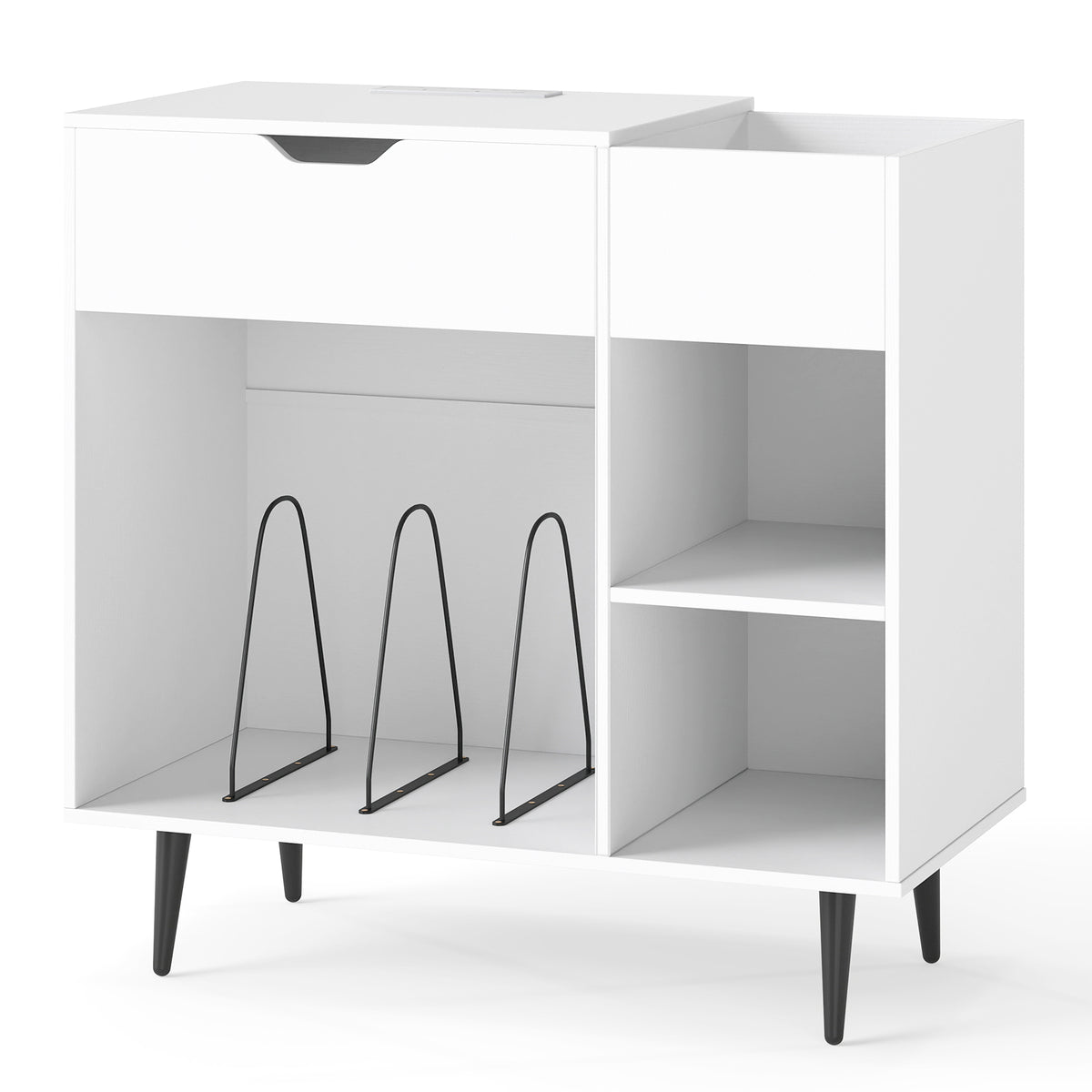 Record Player Stand with Built-In Power Strip and 3 Dividers-White