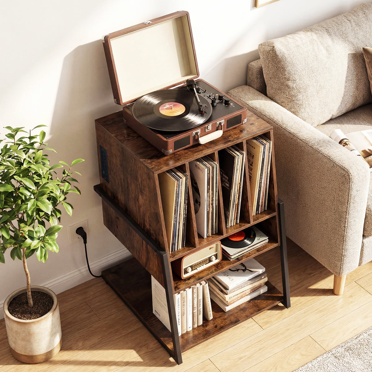Record Player Stand with Charging Station Turntable Stand with Vinyl Storage Holder-Rustic Brown