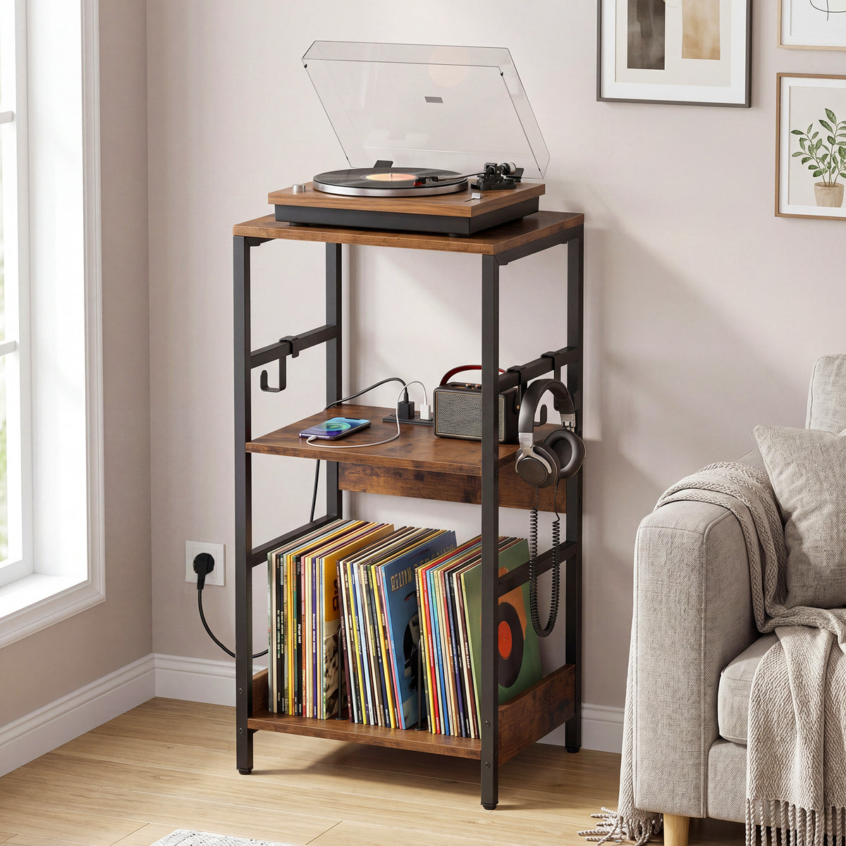 Record Player Stand with Charging Station and Vinyl Storage Holder for Living Room-Brown