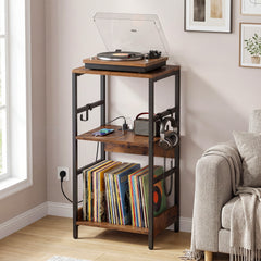 Record Player Stand with Charging Station and Vinyl Storage Holder for Living Room-Brown