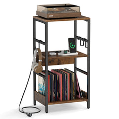 Record Player Stand with Charging Station and Vinyl Storage Holder for Living Room-Brown