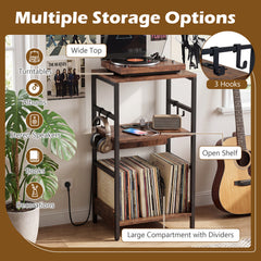 Record Player Stand with Charging Station and Vinyl Storage Holder for Living Room-Brown