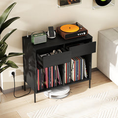 Record Player Stand with Power Outlets and Drawers for Living Room-Black