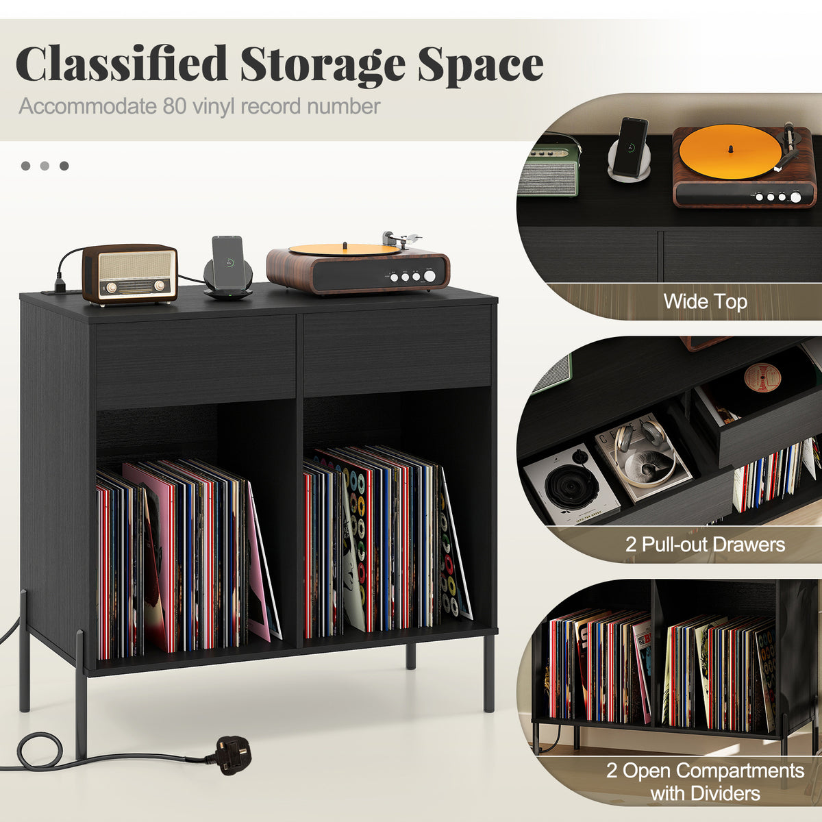 Record Player Stand with Power Outlets and Drawers for Living Room-Black