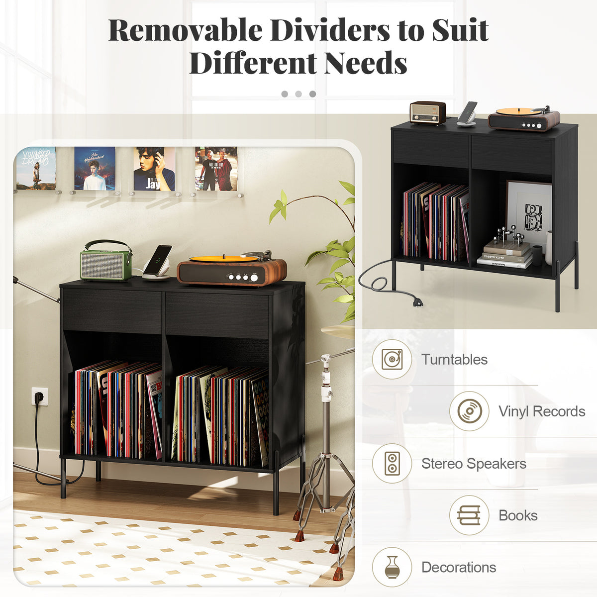 Record Player Stand with Power Outlets and Drawers for Living Room-Black