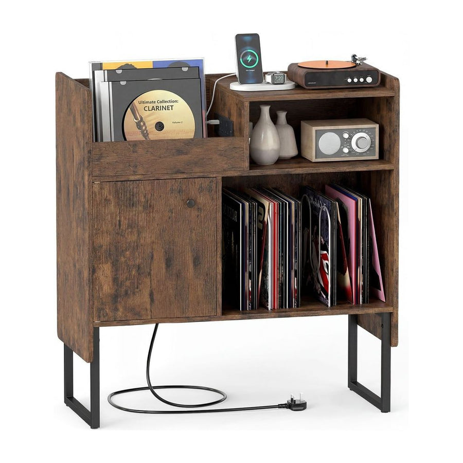 Record Player Stand with Power Outlets and Open Shelf-Rustic Brown