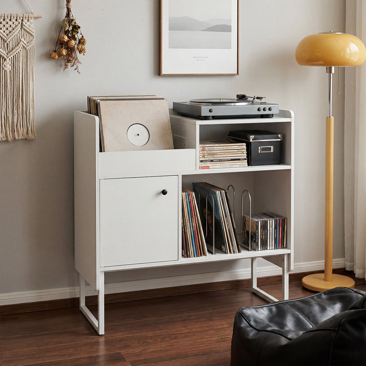 Record Player Stand with Power Outlets and Open Shelf-White