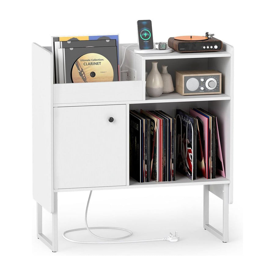 Record Player Stand with Power Outlets and Open Shelf-White