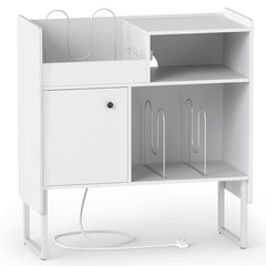 Record Player Stand with Power Outlets and Open Shelf-White