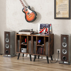 Record Player Stand with 4 Open Shelves Power Outlet USB Charging Port-Brown