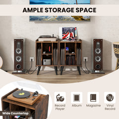 Record Player Stand with 4 Open Shelves Power Outlet USB Charging Port-Brown