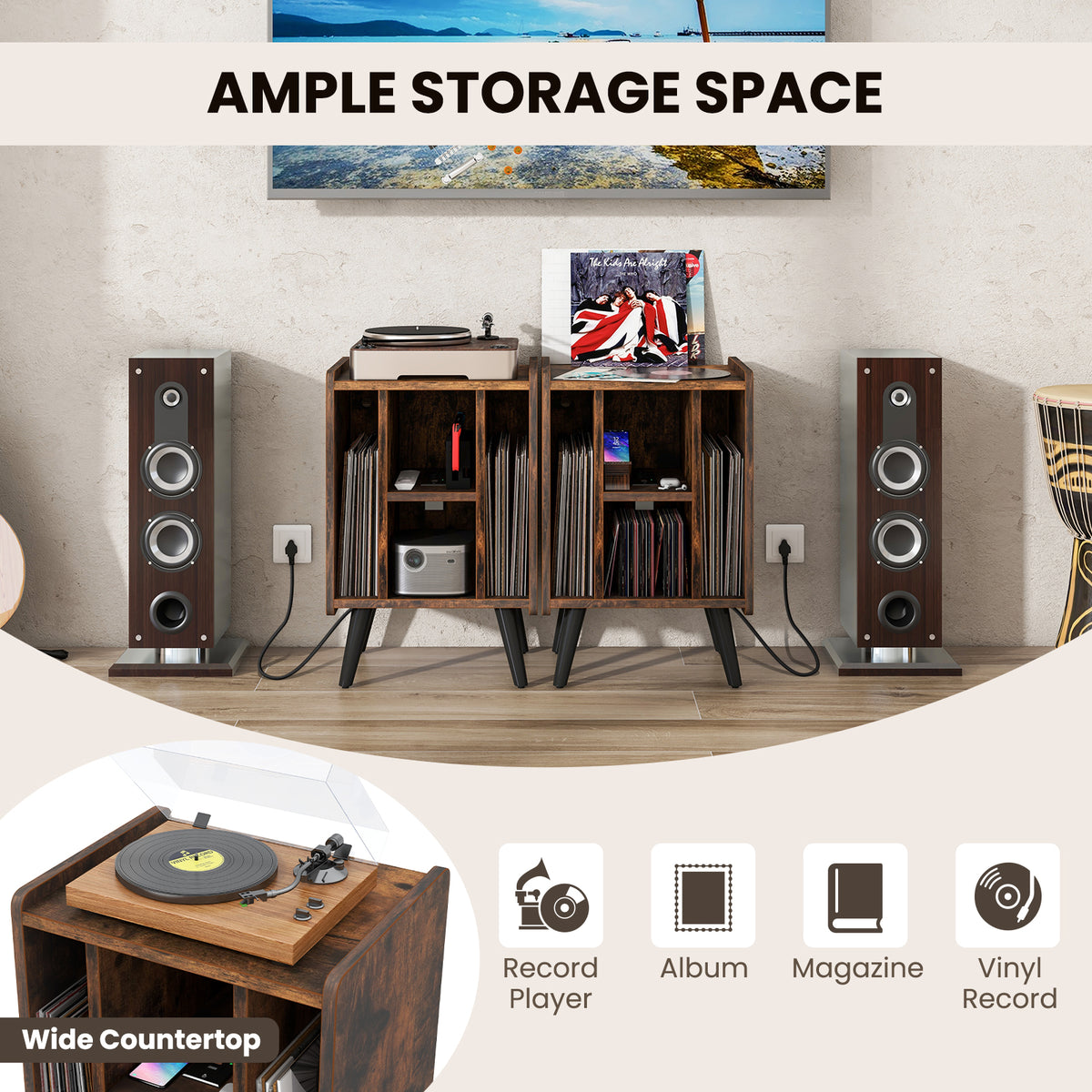 Record Player Stand with 4 Open Shelves Power Outlet USB Charging Port-Brown