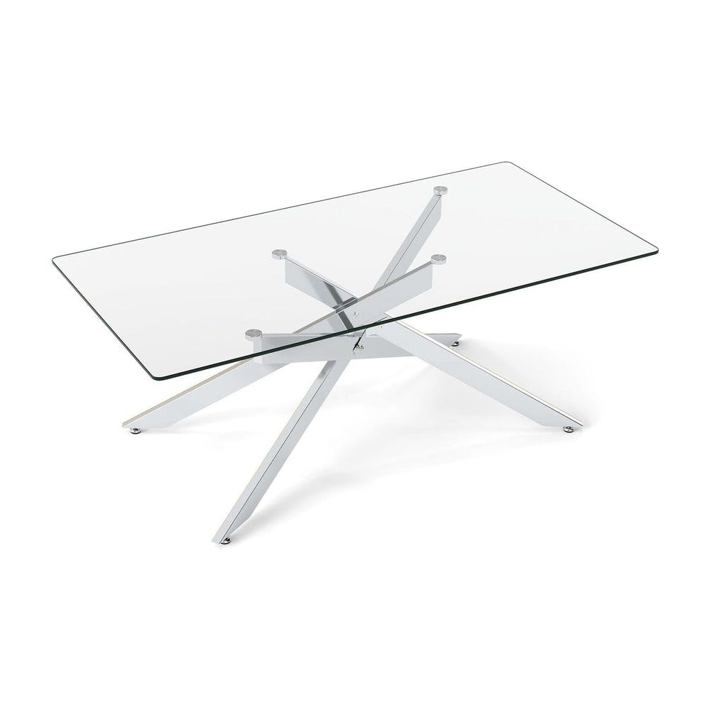 Rectangle Glass Coffee Table with a clear top and silver tubular legs on a white background