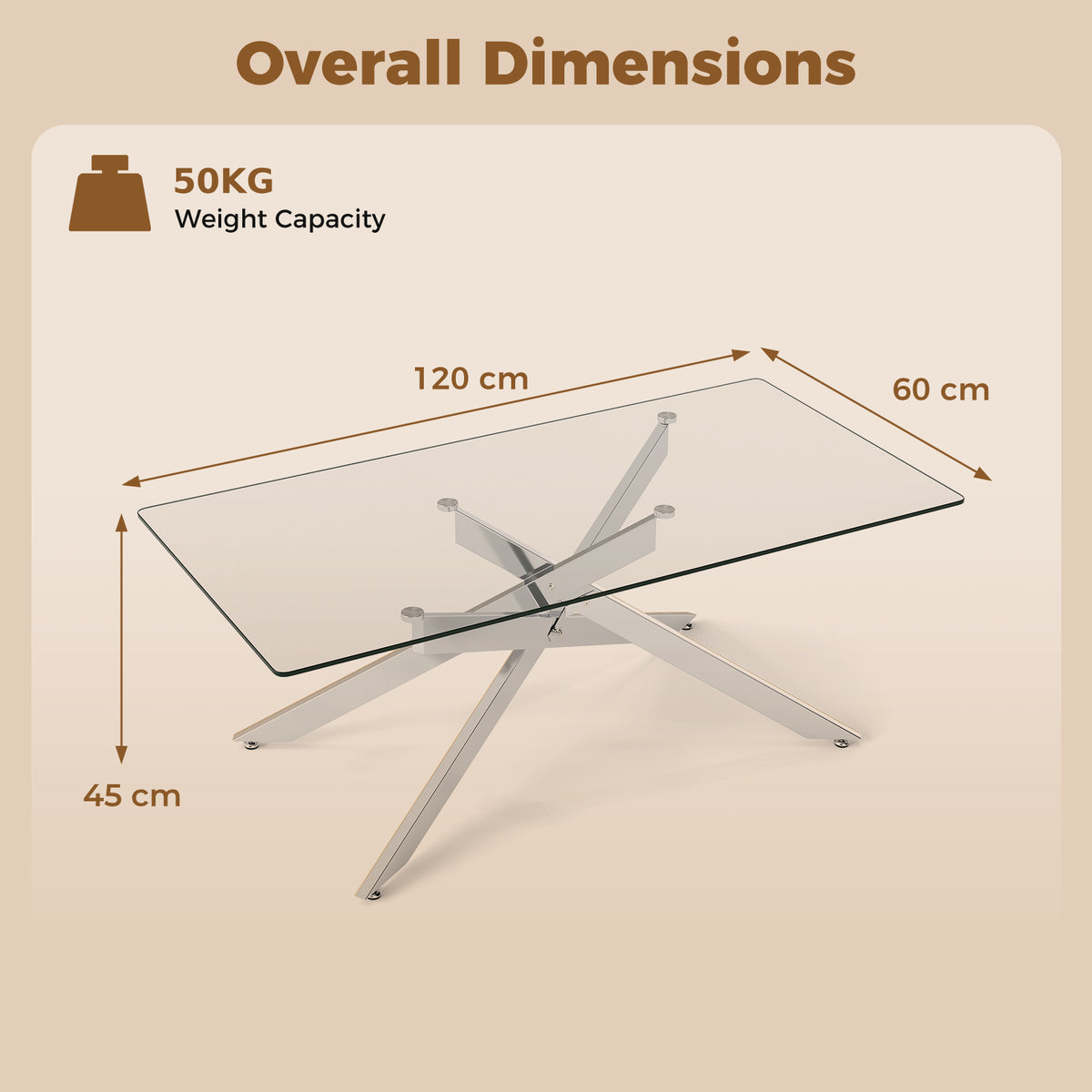 Rectangle Glass Coffee Table with Tempered Glass Top and Metal Tubular Legs-Silver