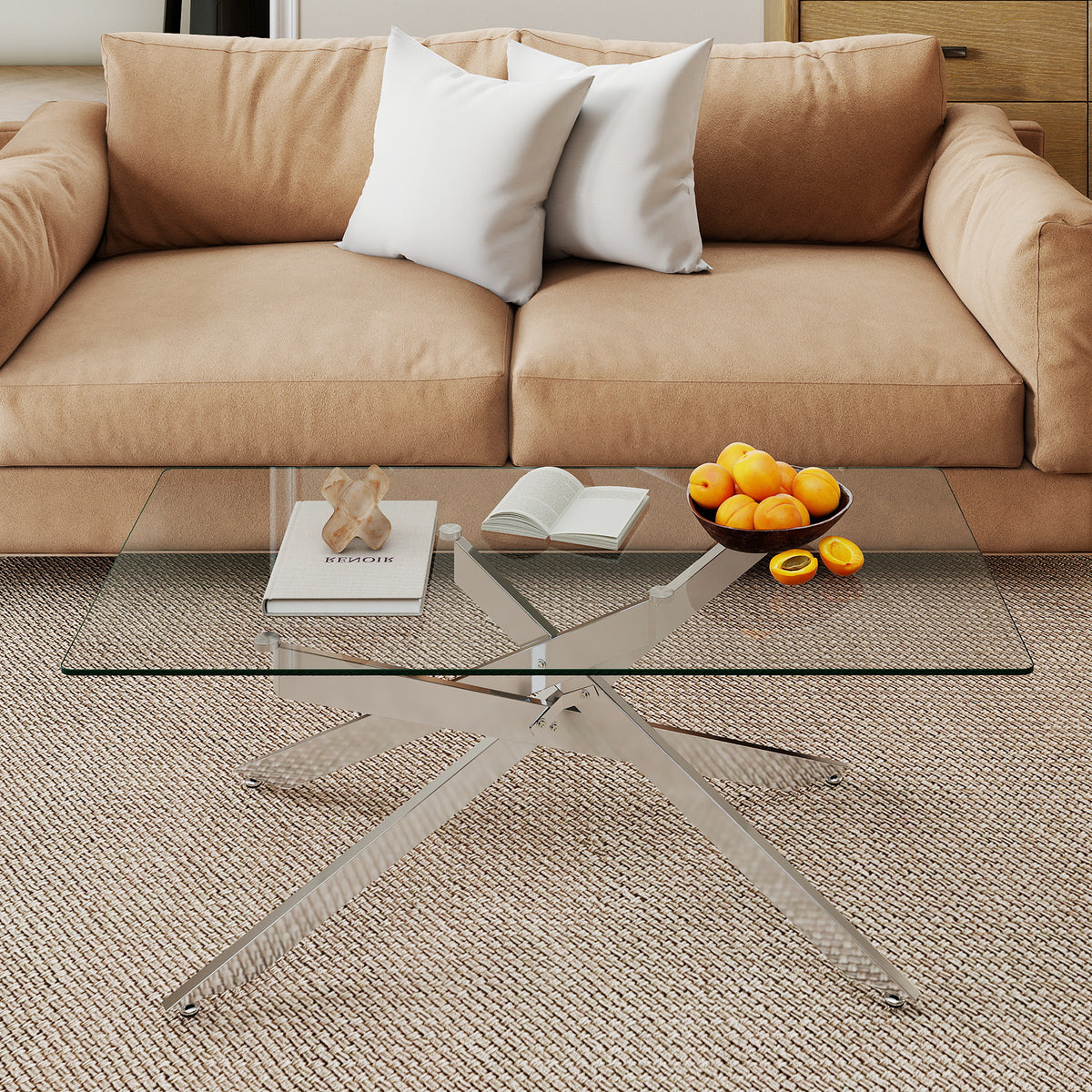 Rectangle Glass Coffee Table with Tempered Glass Top and Metal Tubular Legs-Silver
