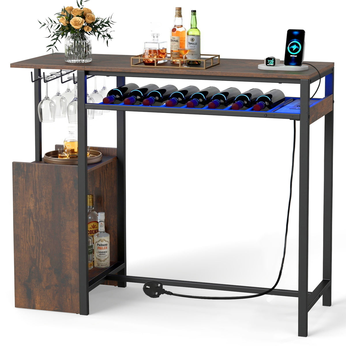 Rectangular Bar Table with RGB Light and 8-Bottle Wine Rack-Rustic Brown