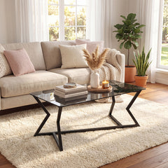Rectangular Glass Coffee Table with Tempered Top and Metal Frame for Living Room-Grey&Black