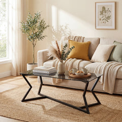 Rectangular Glass Coffee Table with Tempered Top and Metal Frame for Living Room-Grey&Black