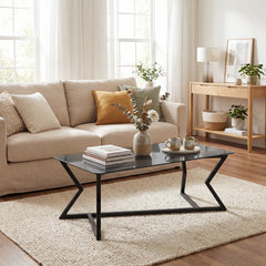 Rectangular Glass Coffee Table with Tempered Top and Metal Frame for Living Room-Grey&Black