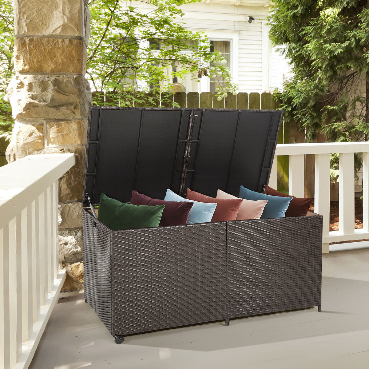 Rectangular PE Wicker Deck Box with Wheels and Zippered Liner for Outdoor-Brown