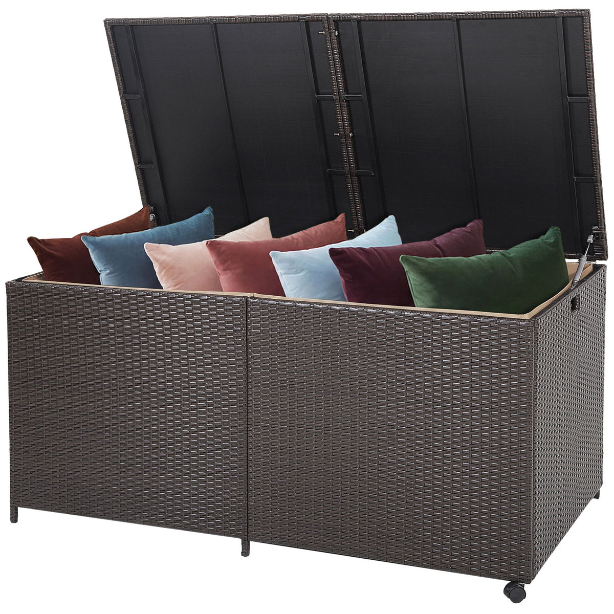 Rectangular PE Wicker Deck Box with Wheels and Zippered Liner for Outdoor-Brown