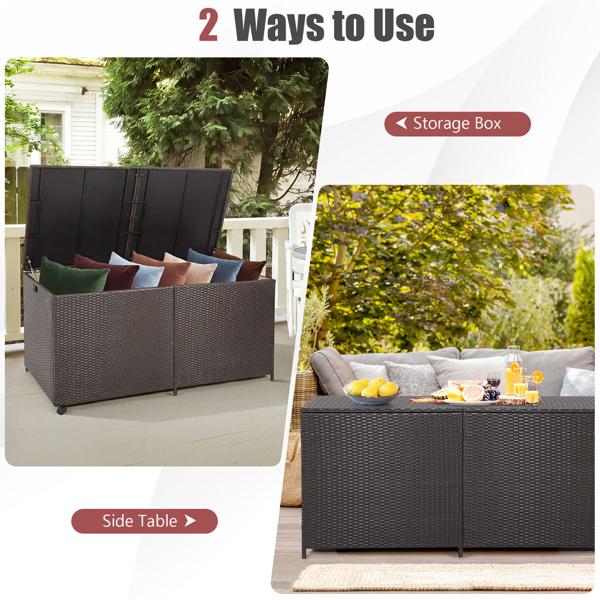 Rectangular PE Wicker Deck Box with Wheels and Zippered Liner for Outdoor-Brown