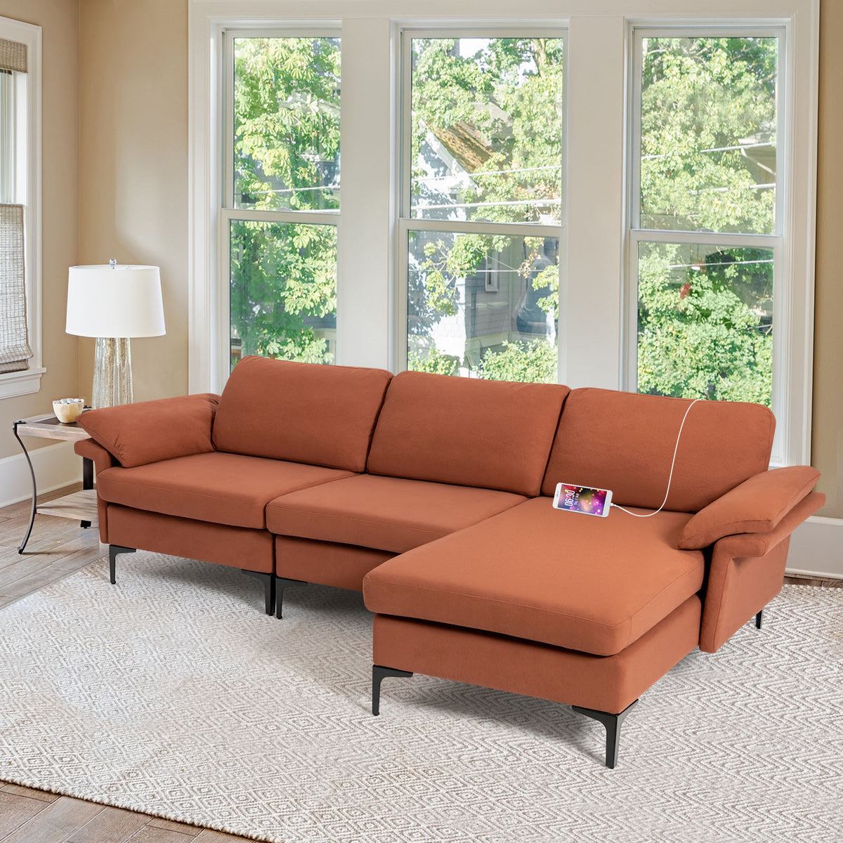 L-shaped 3-Seat Upholstered Sectional Sofa-Red
