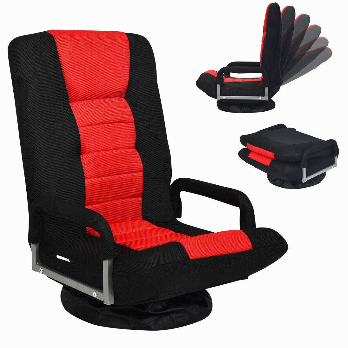 Foldable 360-Degree Swivel Gaming Floor Chair with Adjustable Backrest-Red