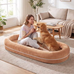 Removable Detachable Human Dog Bed for Adults and Large Dogs with Matching Plush Blanket-Brown