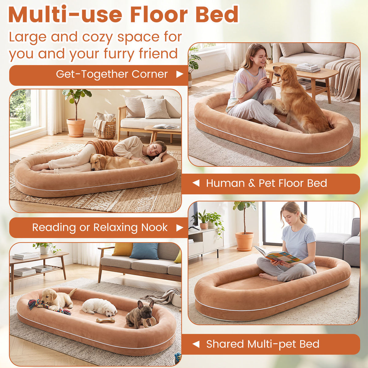 Removable Detachable Human Dog Bed for Adults and Large Dogs with Matching Plush Blanket-Brown