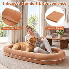 Removable Detachable Human Dog Bed for Adults and Large Dogs with Matching Plush Blanket-Brown