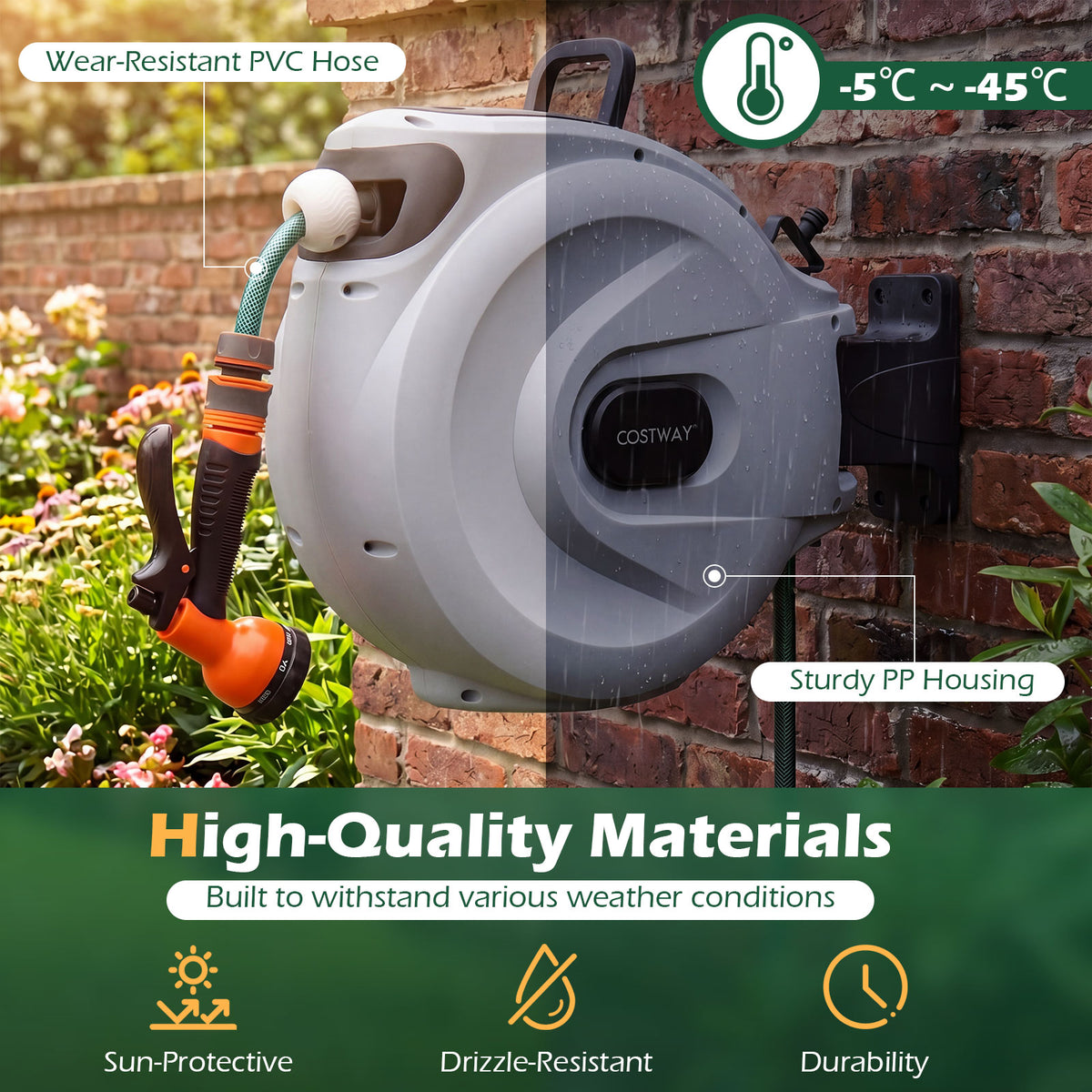 Retractable Garden Hose Reel 1.5 cm x 30 m Heavy Duty Wall Mount Hose Reel-Grey