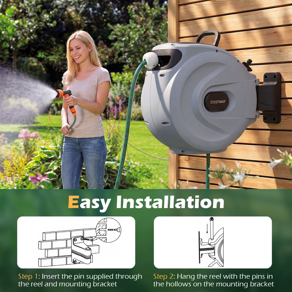 Retractable Garden Hose Reel 1.5 cm x 30 m Heavy Duty Wall Mount Hose Reel-Grey