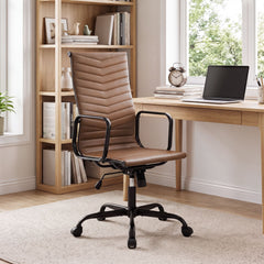 Ribbed Office Chair High Back PU Leather for Home Office with Adjustable Height-Brown