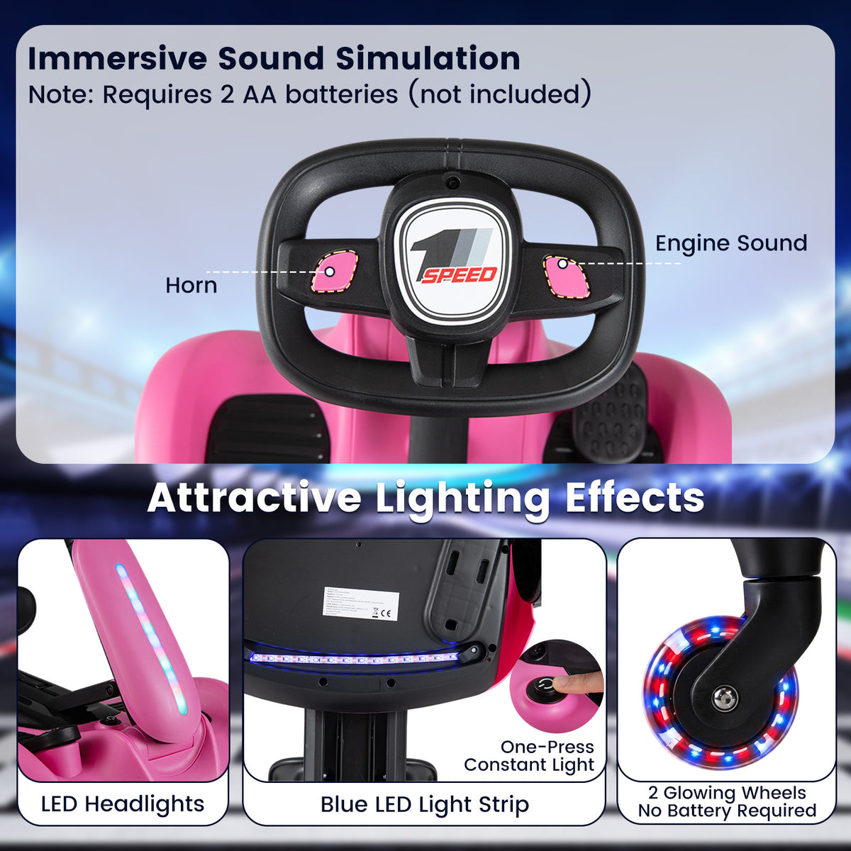 Ride on Drift Car for Kids 2-In-1 Go Kart with Adjustable Seat Sound LED Lights-Pink