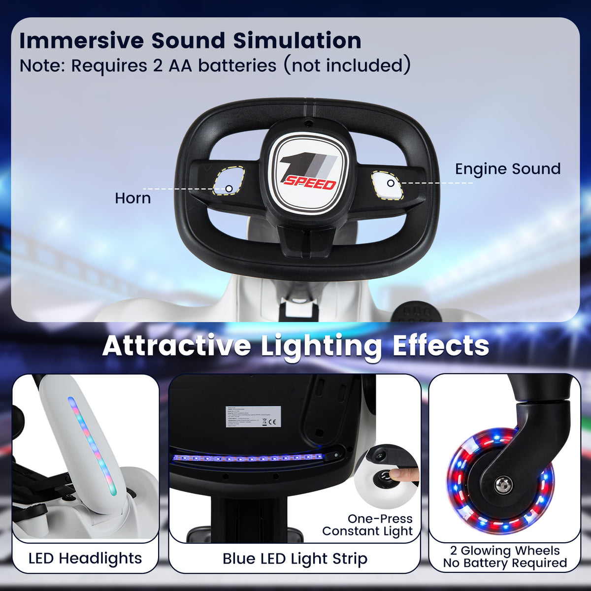 Ride on Drift Car for Kids 2-In-1 Go Kart with Adjustable Seat Sound LED Lights-White