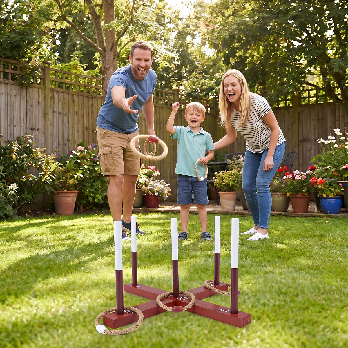 Ring Toss Game for Kids and Adults Outdoor Yard Game with 6 Rope Rings-Reddish Brown