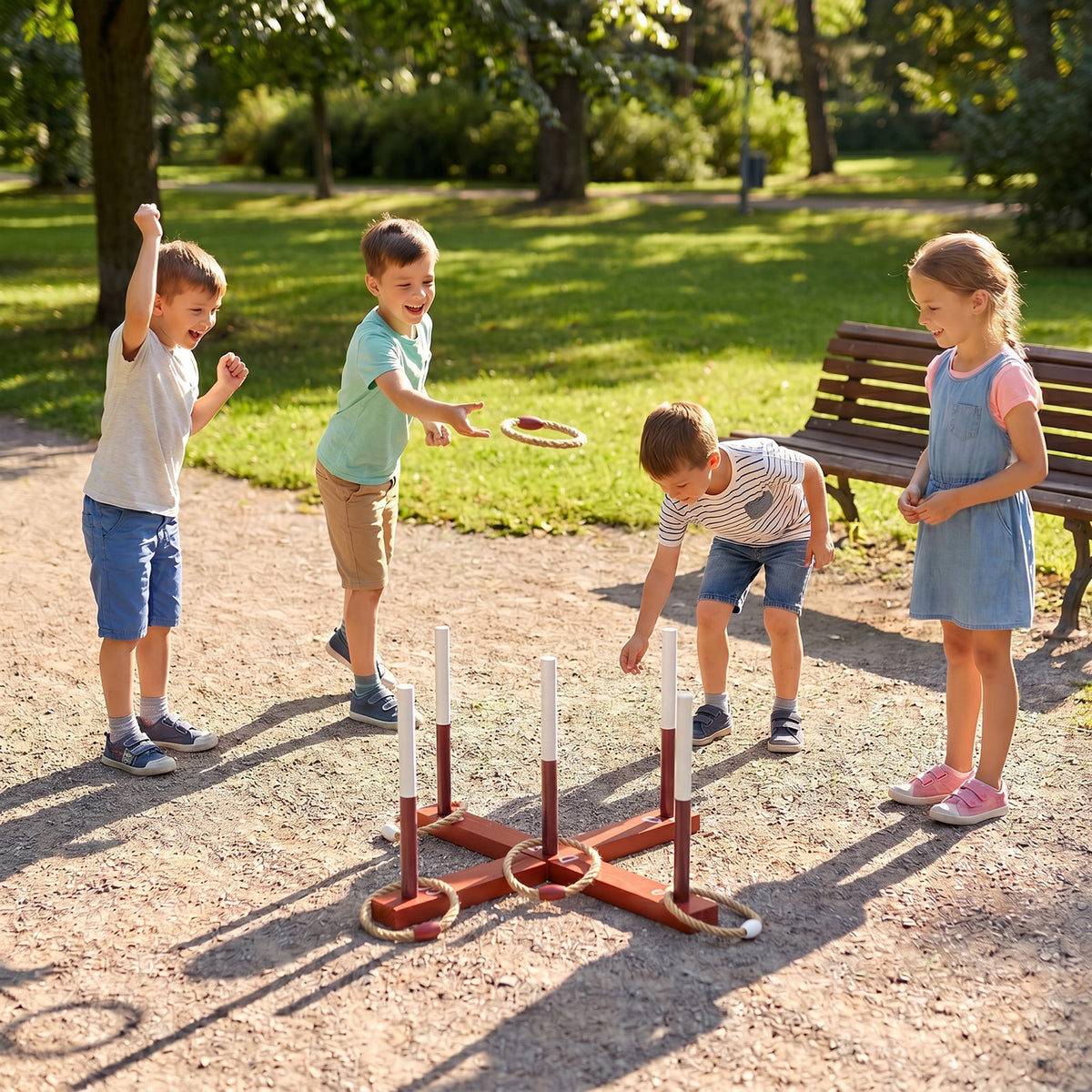 Ring Toss Game for Kids and Adults Outdoor Yard Game with 6 Rope Rings-Reddish Brown